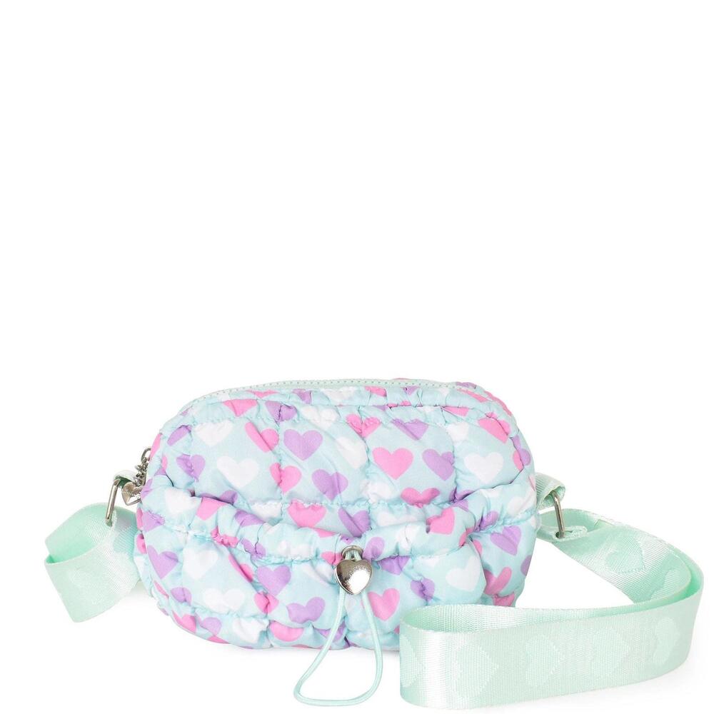 Quilted Scrunchies Printed Mini Drawstring Crossbody Bag: Light Aqua Heart Print